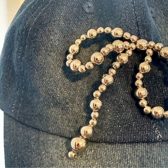 Fun denim blue adjustable hat women with silver bead bow tie NWT - Picture 1 of 5